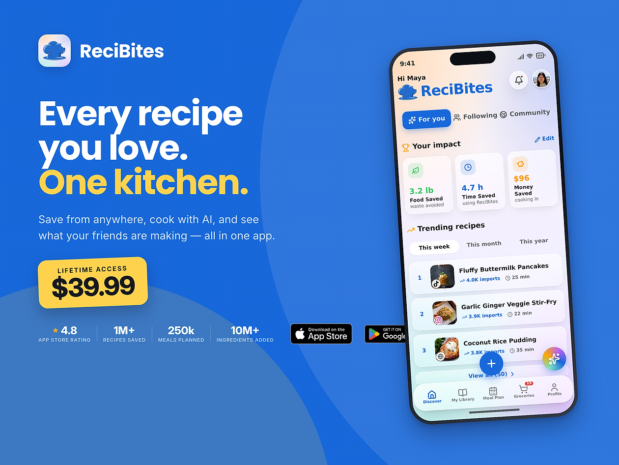ReciBites - Recipe Organizer, AI Meal Planner & Grocery Lists: Lifetime Subscription